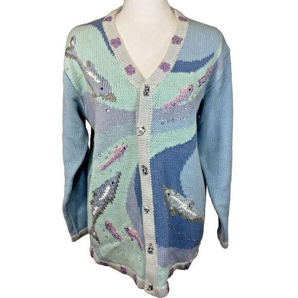 Storybook Knits Sweaters - Storybook Knits Vtg Ocean Dolphin Mermaid Cardigan Sweater Womens Sz M Cottage